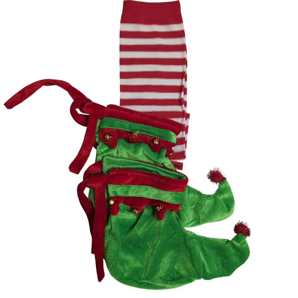 Girls Elf Costume Christmas Tunic Dress Belt Striped Socks Booties Hat 130 6-7